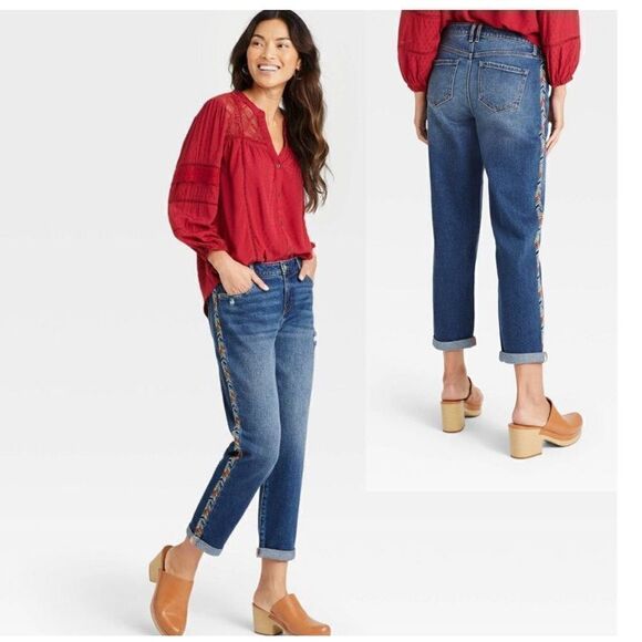 Knox Rose Blue Cotton Mid-Rise Straight Leg Raw Hem Embroidered Jeans Size 8 - Picture 1 of 9